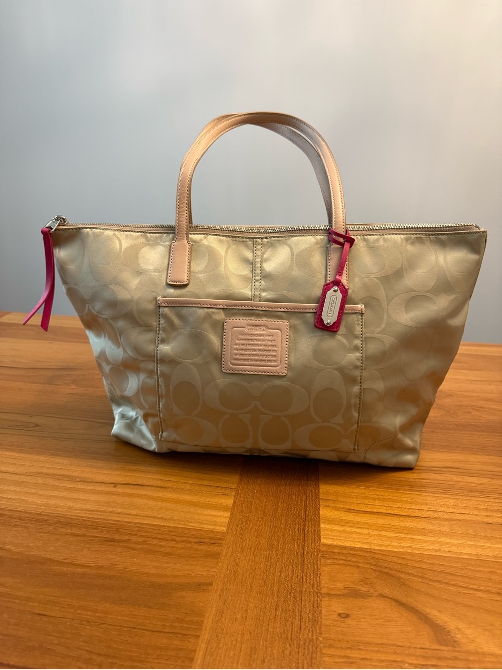 Coach Metallic Gold Tote with Pink Tag and Trim